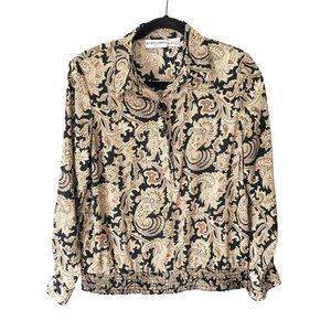 Vintage 80's Tan Paisley Collared Cropped Blouse Shoulder Pads